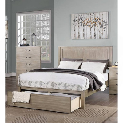 Rustic Style 1pc California King Size Two Panel Bed Rectangular Shaped Footboard Drawer Antique Silver Finish Bedroom Furniture