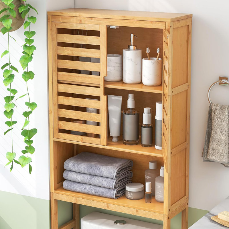 Natural Bamboo Over-The-Toilet Storage Cabinet With Doors, Shelves, And Space-Saving Design