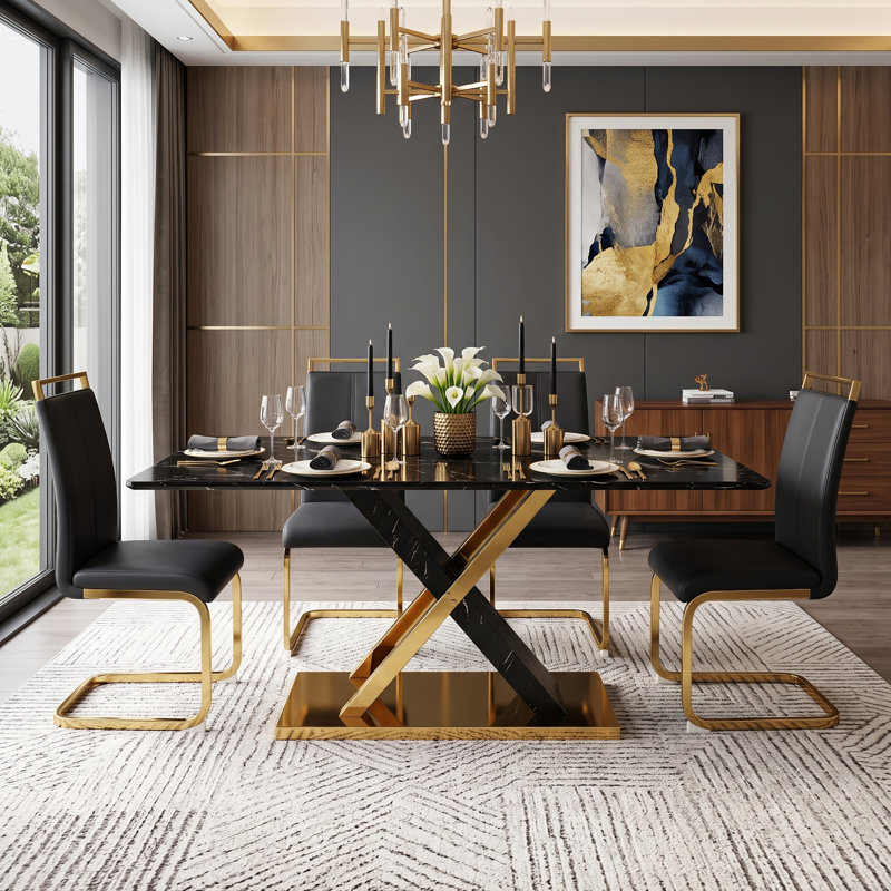Modern 5-Piece 63" Rectangular Faux Marble Tempered Glass Dining Set with Faux Leather Cantilever Chairs, Black