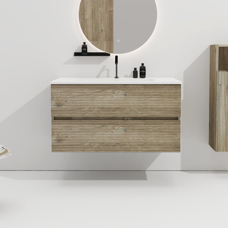Meuble-lavabo mural mural avec lavabo en céramique intégré et trop-plein, Chêne, 36"