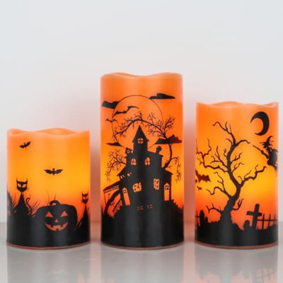 Halloween Candles With Timer, Flickering Flameless Candles Battery Operated, 3 Pack Real Wax Pillar Candles For Halloween Home Decorations(D3” X H4”5”6”)