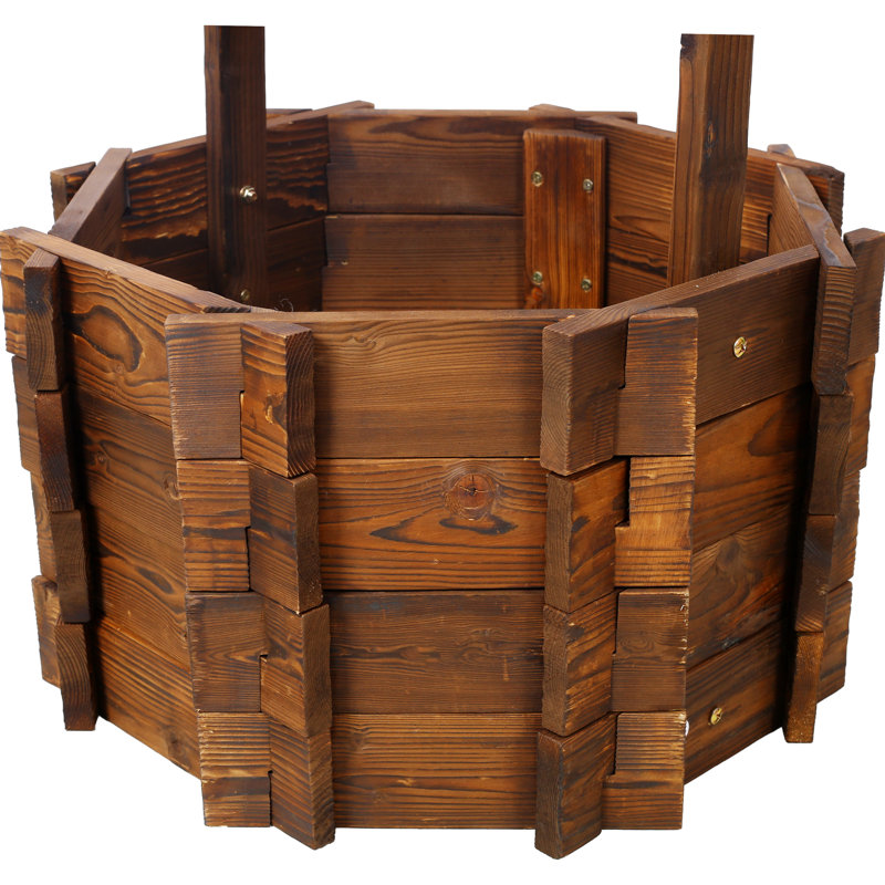 Outdoor Rustic Wooden Well Planter With Hanging Bucket And Shade Perseverance, 25X25x53, Brown Garden Wishing In Wood Tempt, 25X25x53