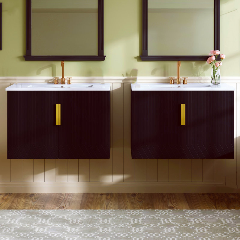 Ensemble de meuble-lavabo autoportant de 60 pouces avec lavabo en céramique, comprenant un lavabo simple en céramique à 3 trous et des portes à fermeture en douceur, noir