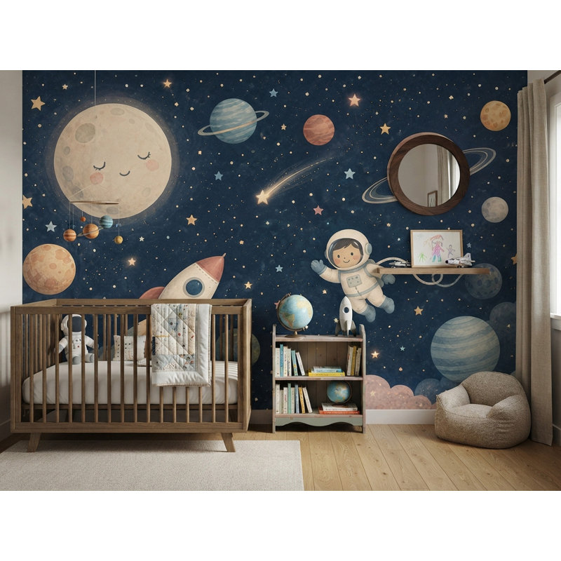 Papier peint mural aquarelle pour enfants représentant une fusée spatiale et des planètes, l 90 x L 60, Vinyle