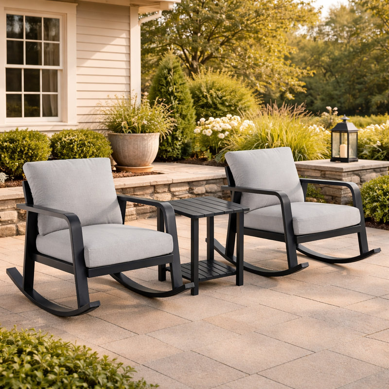 Deck Rocking Chair Set, 3 Piece Aluminum Patio Furniture with Side Table, Olefin Cushions, Outdoor Seating for Porch, Balcony, Backyard and Garden