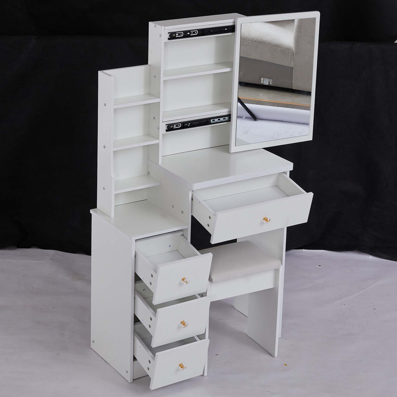 Petite coiffeuse 29,2 po avec tabouret de chevet gauche + tabouret rembourré, très grand miroir coulissant à droite, rangement multi-couches grande capacité, commode pratique et pratique, convient aux petits espaces