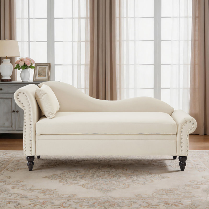 Méridienne moderne en velours - Canapé de rangement avec accoudoir gauche, coussin lombaire et garniture cloutée argentée pour la chambre à coucher, le salon ou le bureau