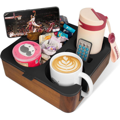 Plateau porte-gobelet pour canapé, support à casse-croûte avec support pour téléphone, accessoires parfaits pour la soirée cinéma, plateau en bois d'acacia en silicone pour les boissons à distance, porte-gobelets pour siège arrière