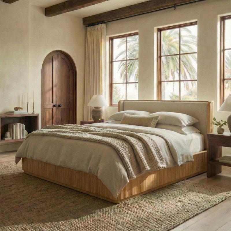 Lit en bois de roseau Barrymore, Chêne gris-beige, Grand lit