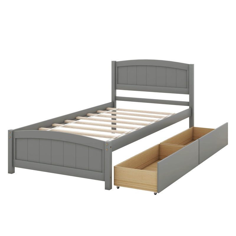 Lit plateforme simple avec 2 tiroirs de rangement, lit plateforme avec tête de lit et lattes en bois, Gris