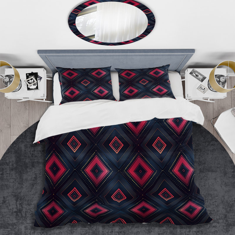 Ensemble de housse de couette à motif géométrique noir et rose, Housse de couette simple + 2 taies décoratives st