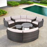 9-pieces Outdoor Half-moon Wicker Conversation Sets With 1 Nesting Coffee Table And Tempered Glass Top