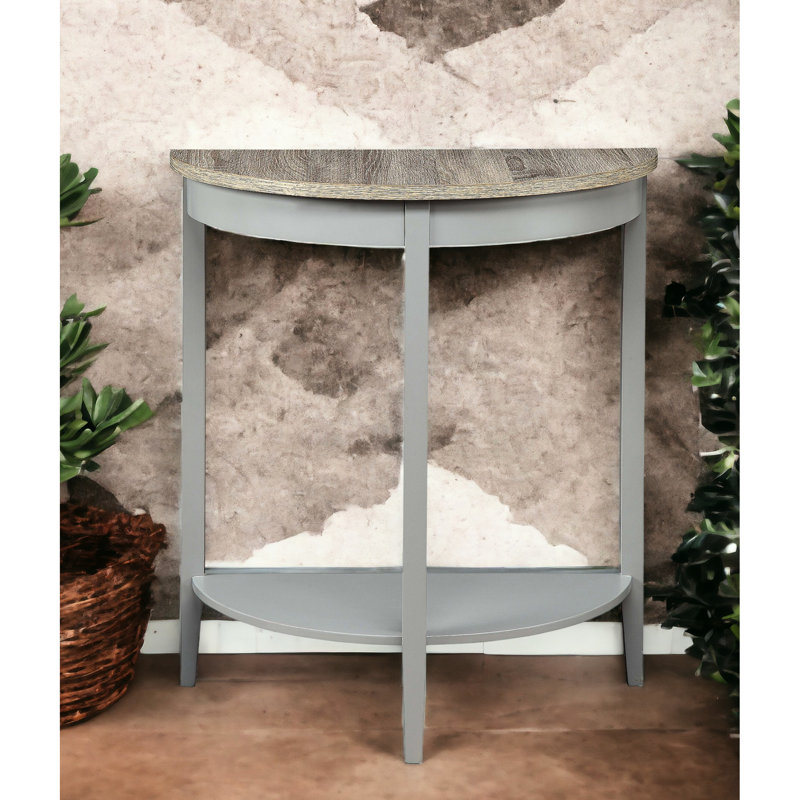 Table en gris et chêne - forme demi-lune avec compartiment de rangement naturel et console inférieure tendance