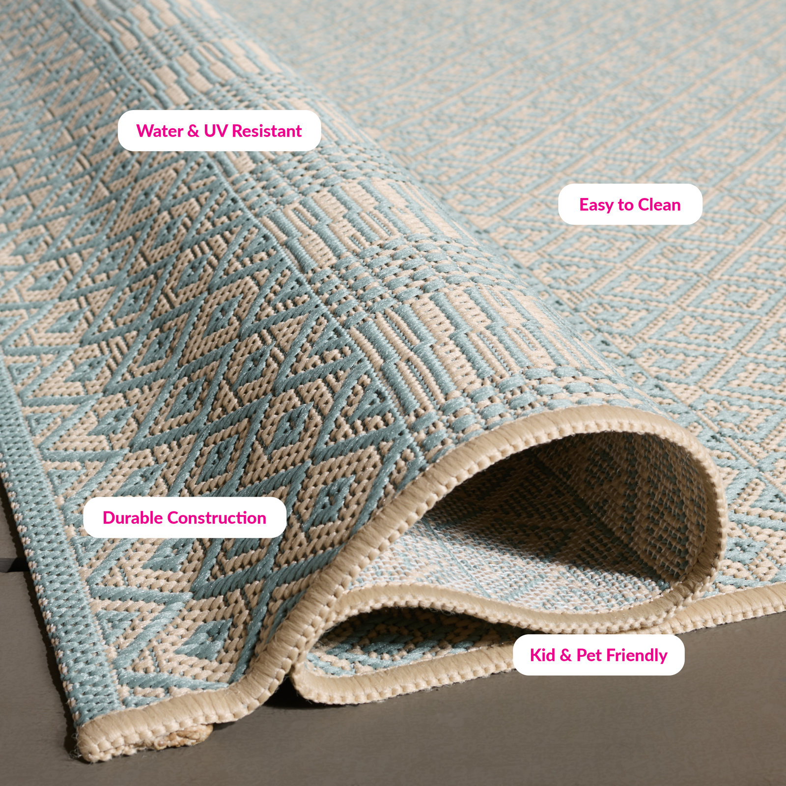 Lenwood Beige Aqua Geometric Outdoor Rug, Rectangle 2'7" x 5'