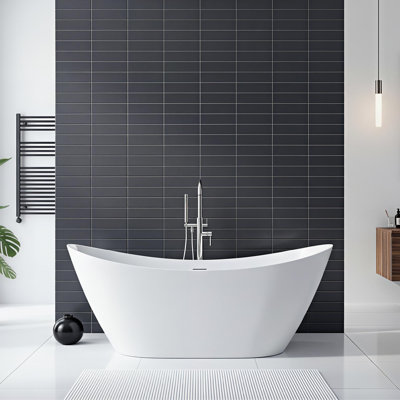 Transolid Skylar 59-Inch Freestanding Oval Soaking Bathtub with Center Drain and Bath Pillow in Matte White
