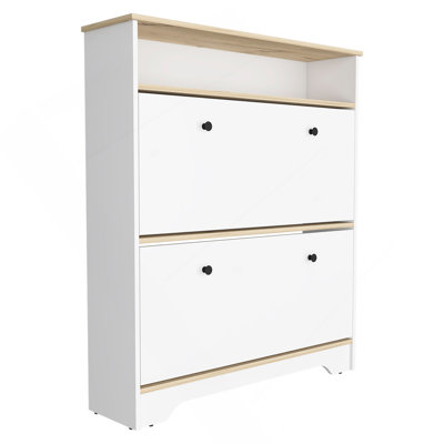 46" H, One Open Storage Shelf, Two Internal Storage Drawers, Two Doors, Light Oak / White