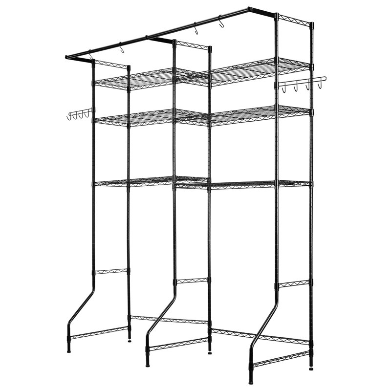 Over The Washer and Dryer Storage Shelf, 6 Tier Laundry Room Drying Rack with Hanger Rod and Hooks, Adjustable Over Washer and Dryer Shelves, Laundry Room Shelf Storage Space Saver,