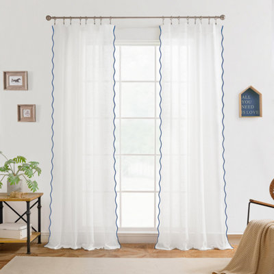 Semi Sheer Scalloped Edge White Coastal Beach Window Curtains for Living Room Bedroom 2 Panels Rod Pocket