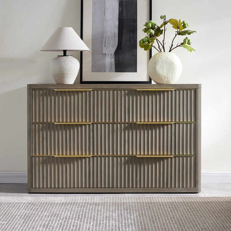 Cesiro 53.5"W Fluted Panel 6-Drawer Dresser With Gold Handles, 1, Gray Alder