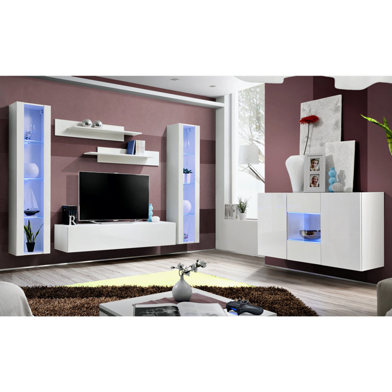 Achna 75.5" Modern Floating Wall Mounted Entertainment Center with 16-Color LED Lighting, High Gloss Finish, Wall-Mounted