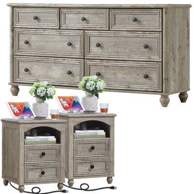 Ensemble de commode 7 tiroirs et 2 tables de chevet, mobilier de chambre à coucher en bois de ferme avec stations de charge, colonne romaine et pieds en bois massif pour la chambre à coucher, le salon et l'entrée