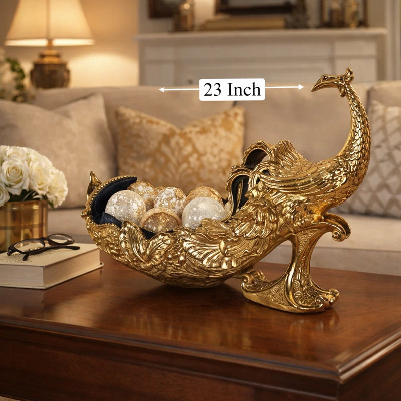 Décoration de table, sculpture de paon avec un bol, or et noir 23 pouces