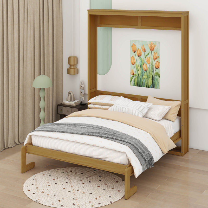 Lit plateforme escamotable pliable dans une armoire, lit escamotable en rotin, Full, Naturel