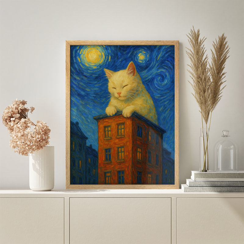 «Whimsical Cat on Rooftop», reproduction d'art encadrée - Chat blanc ludique inspiré d'une nuit étoilée, scène de ville, Illustration fantastique pour décor de chambre d'enfant ou de salon