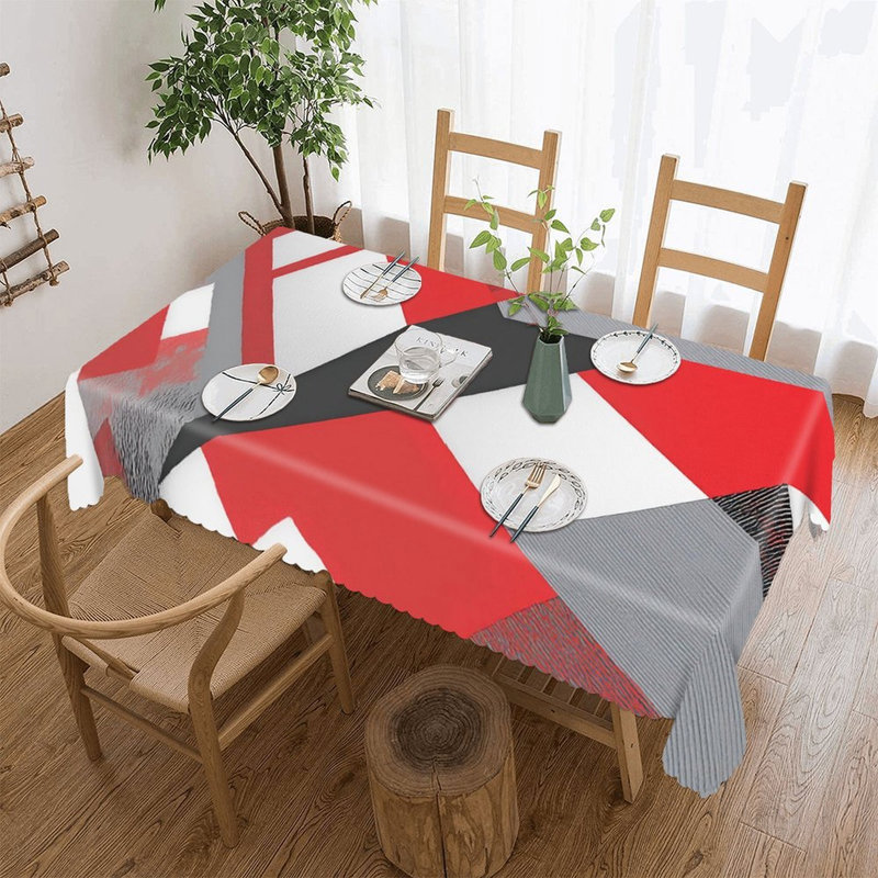 Red Black White Geometric Patchwork Table Cover with Scalloped Edges 60 x 120 in for Rectangular Table Restaurant Backyard Party