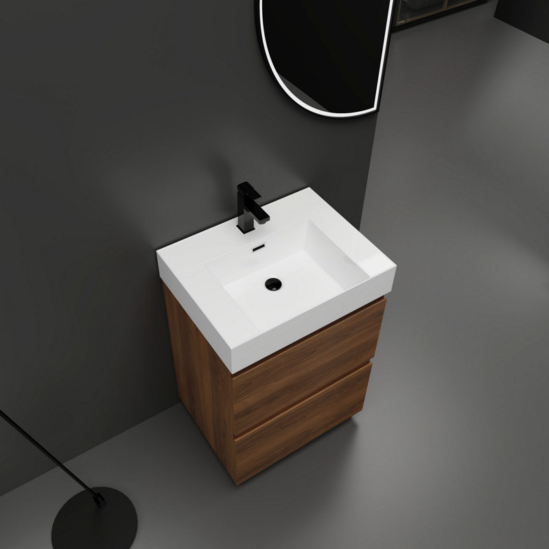 Meuble-lavabo avec lavabo simple, meuble-lavabo autoportant avec tiroir double, meuble-lavabo moderne avec rangement, Brun