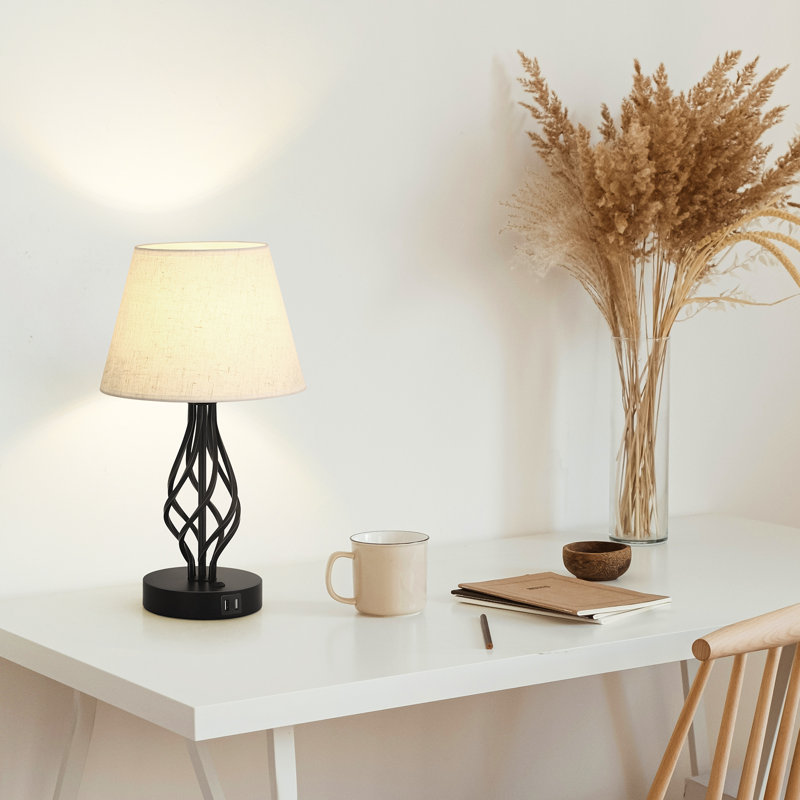Aureja Vintage Nightstand Table Lamp Iron Base with Dual USB Charging Ports White Shade