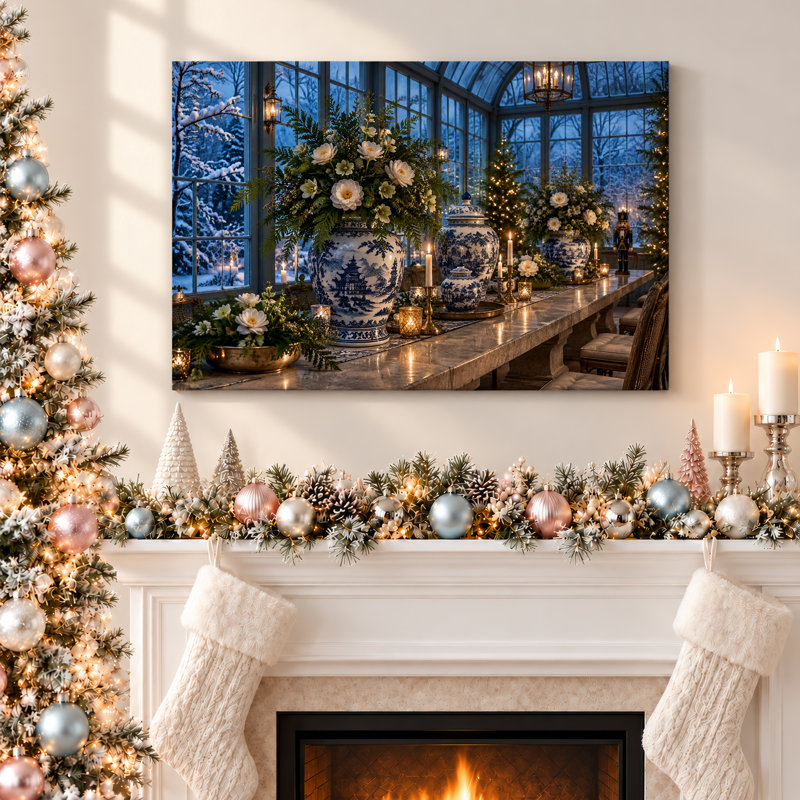 Art mural sur toile de fleurs blanches dans des vases en porcelaine bleue, 18"H x 24"W
