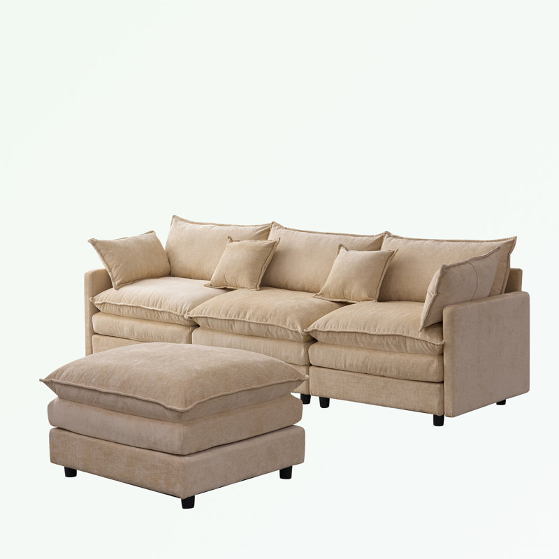 L Shape Chenille Fabric Sectional Sofa with Ottoman, Light Coffee Chenille