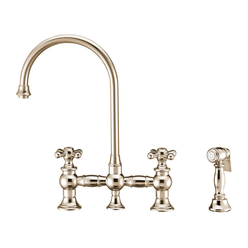 Whitehaus Collection Bridge Faucet with Long Gooseneck Swivel Spout, Lever Handles and Solid Brass Side Spray, Lever Handle
