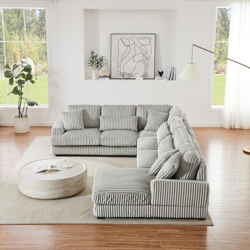 Canapé modulaire surdimensionné de 129 po en forme de U de 129 po Canapé moderne recouvert de velours côtelé doux avec une chaise longue pour le salon, gris