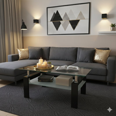 Rectangular Black Glass Coffee Table, Clear Glass Table, Modern Side Or Center Table For Living Rooms, Living Room Furniture