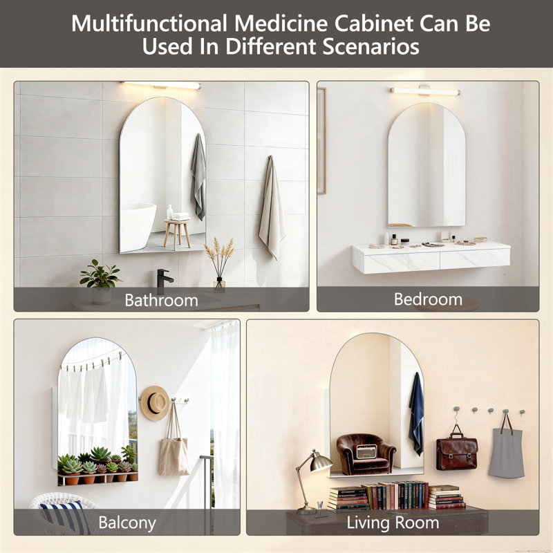 Armoire à pharmacie arquée 20 po x 30 po avec miroir, armoire à miroir sans cadre avec tablettes réglables, encastrement ou montage en surface