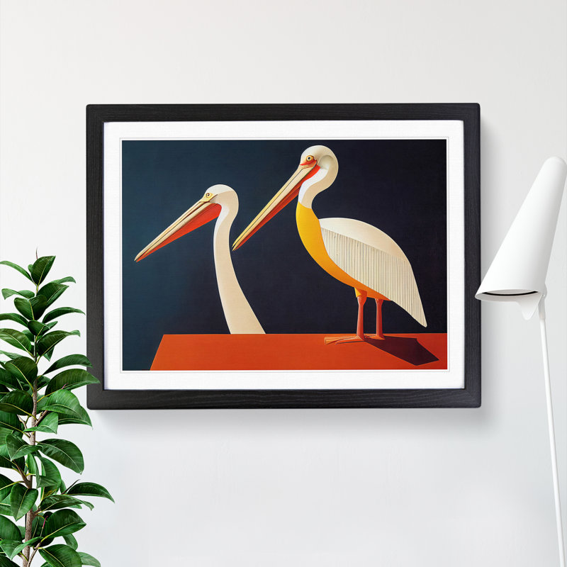 Two Pelicans Abstract - Single Picture Frame Print, 25cm H x 34cm W x 2cm D, Black