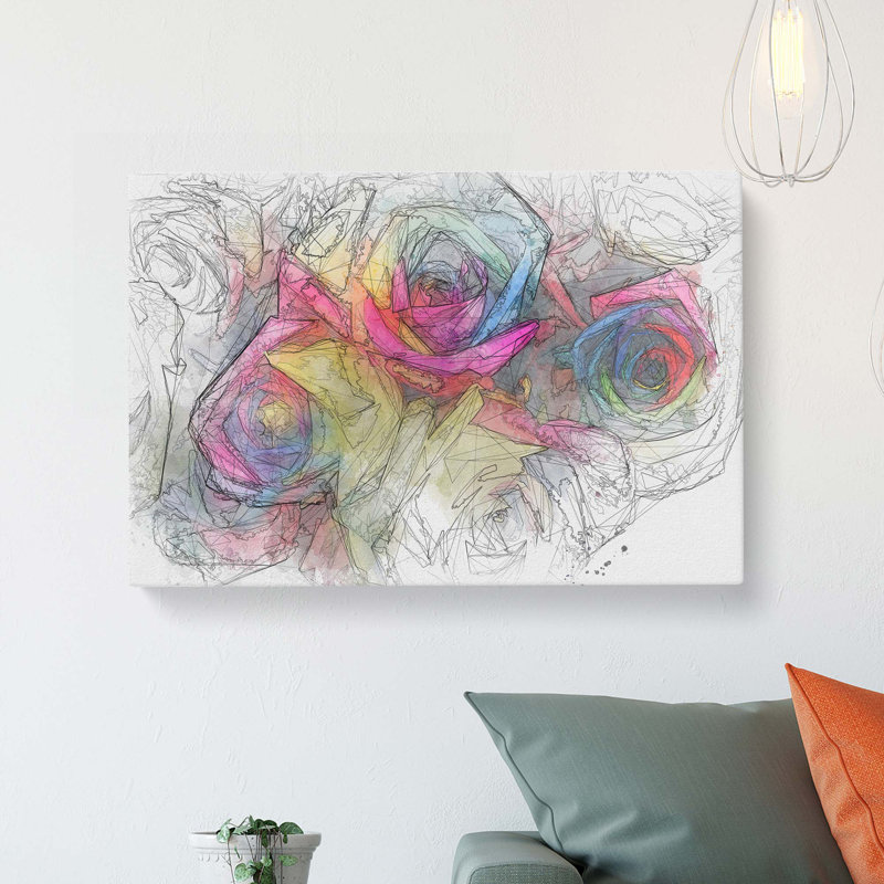 Multicoloured Rainbow Roses In Abstract - Wrapped Canvas Print, 60cm H x 91cm W x 3cm D