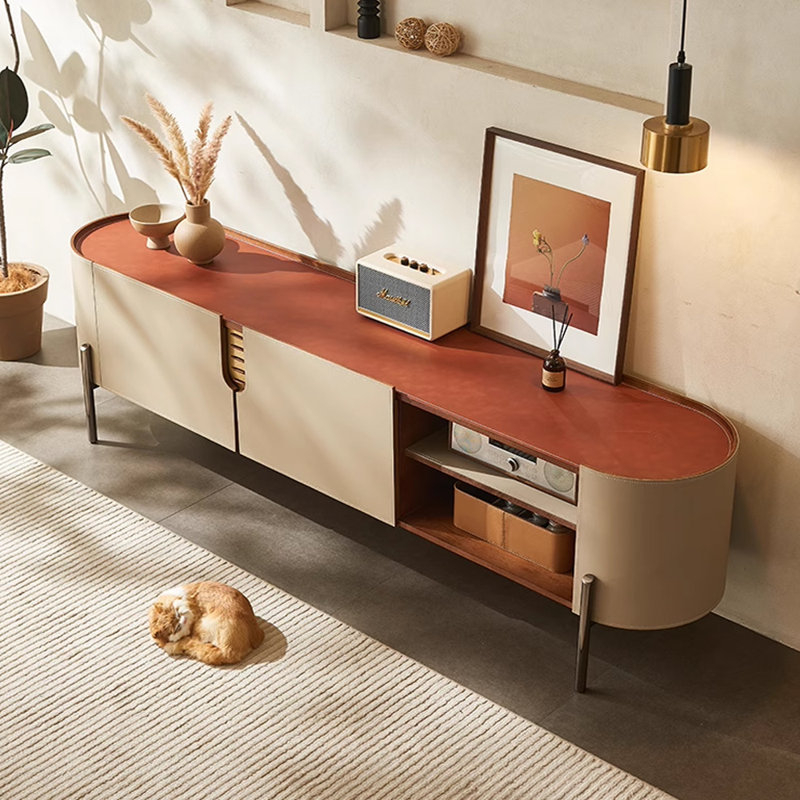 Luxury-modern high-end saddle leather TV cabinet, 21.25"H x 78.74"L x 15.74"W