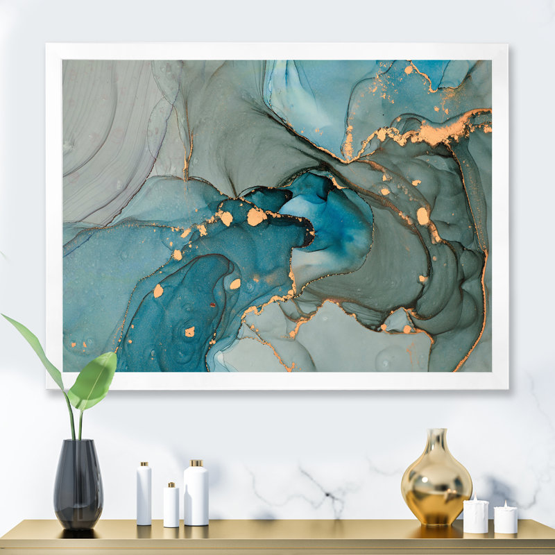 Turquoise doré infusé de marbre - reproduction sur toile, H 16 po x l 32 po, Impression encadrée, Blanc