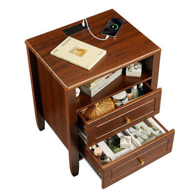 Table de chevet avec prise électrique, table de chevet avec 2 tiroirs