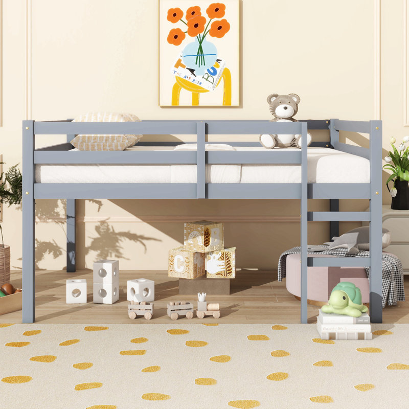 Lit mezzanine double en bois d'hévéa avec échelle, Gris