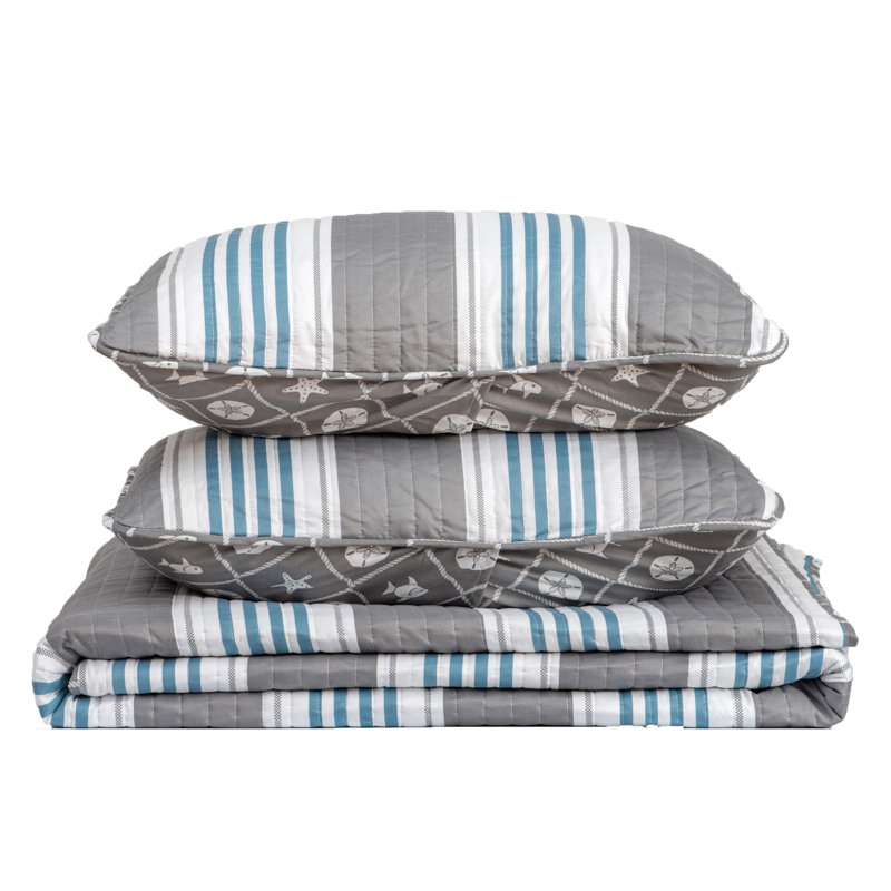 Twin Blue and Gray Reversible Microfiber Quilt Set