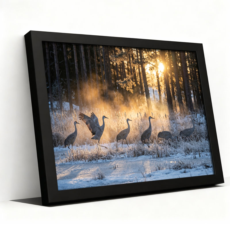 Art mural sur toile noir encadré pour le salon, la chambre à coucher, le bureau ou le vestibule - décoration murale décorative avec grues d'hiver