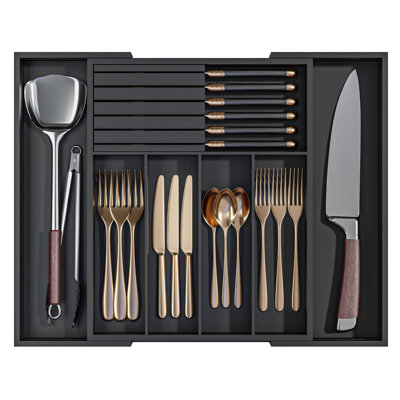 Utensil Organizer Silverware Tray for Drawer - Bamboo Knife Drawer Organizer Expandable Cutlery Organizer(Black)