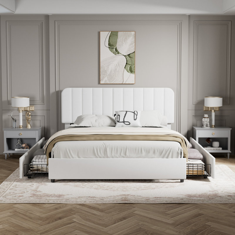 Huntsville 4-Drawer Velvet Upholstered Platform Bed, White, King