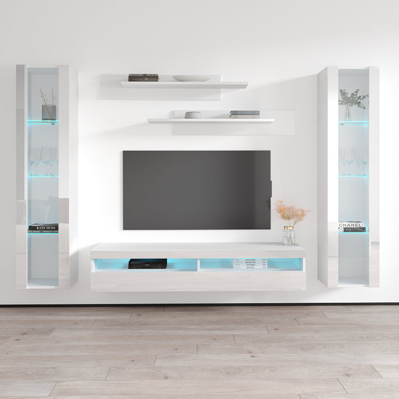 Meuble audio-vidéo mural flottant moderne de 100 po avec éclairage à DEL 16 couleurs, finition ultrabrillante, Blanc