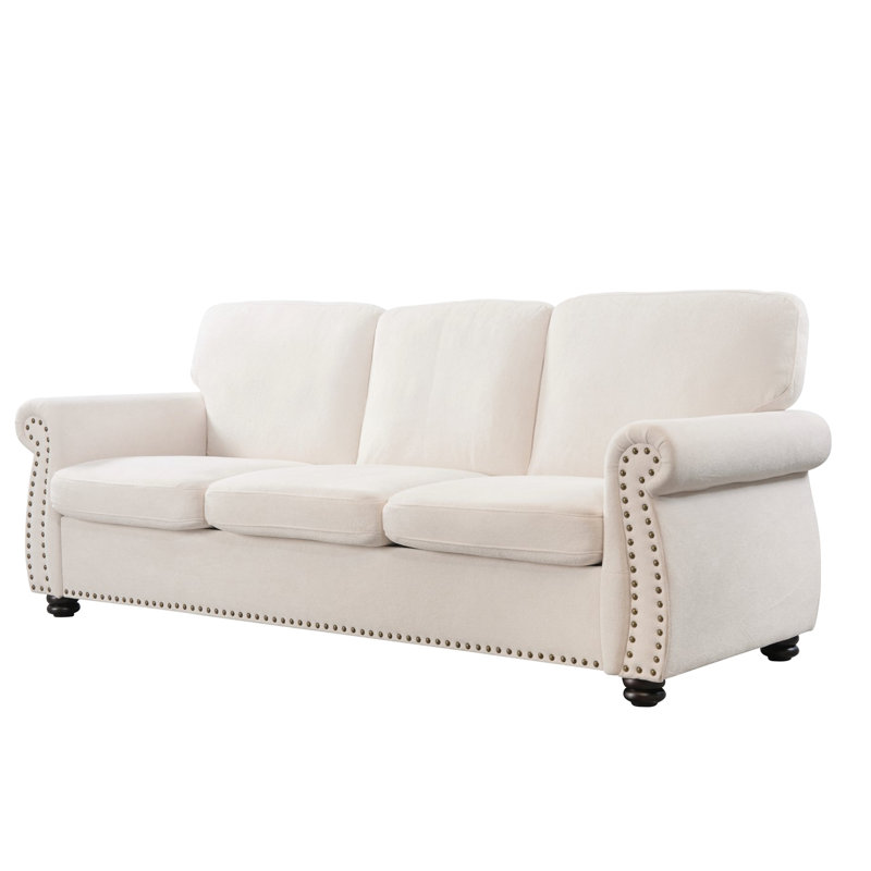 Velours de style Mid-Century moderne, 3 places avec mousse haute, pieds en bois massif, toucher, Ivoire ivoire