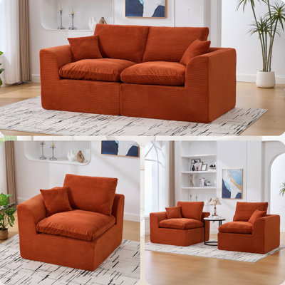 Nuage confortable pour la chambre à coucher et les dortoirs, conception modulaire à 2 modules, tissu en velours côtelé doux, mousse à rebond élevé, housses détachables, siège orange incurvé, canapé modulaire avec coussins amovibles, ergonomique densité,